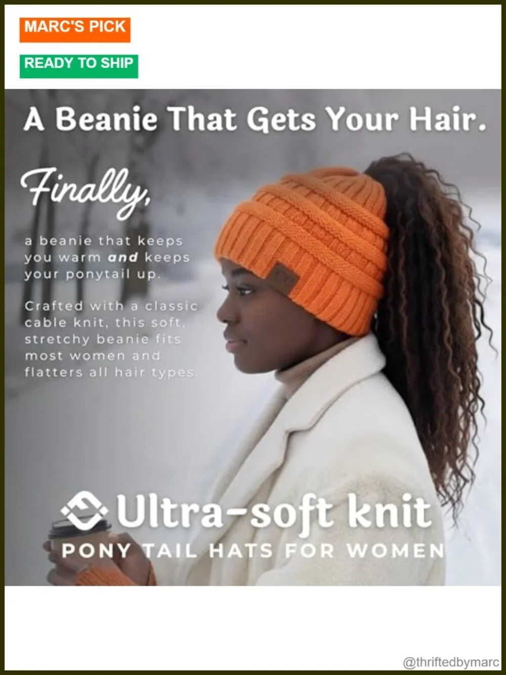 Ponytail Beanie for Women - Winter Hat Soft Stretch Cable Knit High Pony